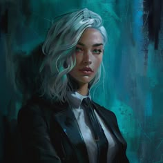 a painting of a woman with white hair and blue eyes wearing a black leather jacket