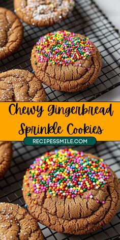 chewy gingerbread sprinkle cookies on a cooling rack