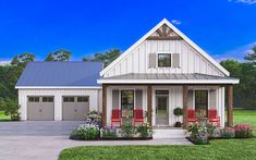 a white house with red chairs on the front porch and two garages in the back