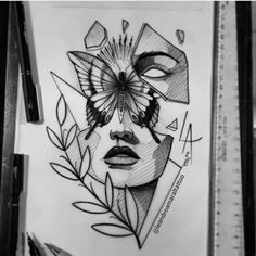 a pencil drawing of a woman's face with a butterfly on her head and leaves