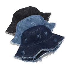 Distressed denim bucket hat, the perfect accessory for any casual and trendy outfit. Made from high-quality denim material, this bucket hat has a unique distressed finish that gives it a vintage and edgy look. The hat features a wide brim that provides excellent sun protection for your face and neck, making it perfect for outdoor activities such as hiking, fishing, or simply enjoying a day at the beach. The denim material is also durable and easy to clean, making it a practical choice for everyd Trendy Denim Blue Bucket Hat For Beach, Denim Bucket Hat For Beach, Medium Wash Denim Bucket Hat With Wide Brim, Trendy Denim Bucket Hat With Wide Brim, Casual Distressed Bucket Hat, Casual Distressed Cotton Bucket Hat, Dark Wash Denim Bucket Hat, Trendy Wide Brim Denim Hat, Summer Washed Bucket Hat