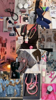 a collage of photos with nurses and medical equipment on it's sides, including stethoscopes