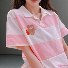 Qteee - Embroidered Lapel T-Shirt featuring Stylish Striped Cartoon Bear Design Cute Pink Patchwork Tops, Striped Cotton Tops With Patchwork, Cute Striped Cotton T-shirt, Cute White Patchwork Top, Cute Striped Short Sleeve T-shirt, Cute Crew Neck Tops With Patchwork, Pink Patchwork Short Sleeve T-shirt, Striped Cotton Polo Collar T-shirt, Casual Cotton Embroidered Polo Shirt