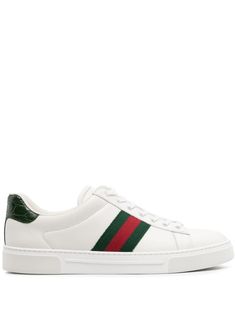 white leather signature Web-stripe trim contrasting branded heel counter decorative plaque round toe front lace-up fastening branded leather insole flat rubber sole This piece comes complete with a protective dust bag. Women's Gucci sneakers fit large. For the most comfortable fit please select half a size down. Gucci Elegant, Gucci Ace Sneakers, Gucci Sneakers, Planet People, White Leather Sneakers, Sneaker Games, Comfortable Flats, Leather Cap, Beach Tote Bags