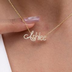 "This 14k personalized diamond name necklace is the perfect gift for the bridal party, someone special, or yourself.  How to order 1- Pick the fonts you like and send us a message 2- We will send you a picture of your name with the fonts you chose 3- If you like it any of them, place your order. 4- We send a final 3d mock up for approval. 5- Once approved we go ahead and finish your necklace. M A T E R I A L & L E N G T H Available in 14k Yellow Gold, 14k Rose Gold, 14k White Gold, Sterling Silver Stone: Natural Diamonds Thickness: 1.3mm / 0.05\" Initials Lowercase: 4-6 mm (Depending on the font) Capital: 9-12 mm (Depending on the font) Diamond weight: 0.15 ct. - 0.70 ct. depending on the name Chain Length:  14+2, 16+2 options or any length up to 20 inches without extension. (Please leave Diamond Necklace For Mother's Day Personalized Gift, Elegant Customizable Necklace For Anniversary Gift, Elegant Customizable Necklace For Anniversary, Personalized Diamond Necklace For Birthday, Elegant Diamond Name Necklace Gift, Elegant Diamond Name Necklace As Gift, Elegant Diamond Name Necklace For Gift, Personalized Cubic Zirconia Necklaces, Personalized Cubic Zirconia Necklace For Special Gifts