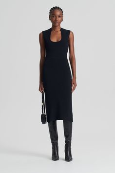 CREPE KNIT SCOOP NECK DRESS - BLACK Mid Length Dress, Scanlan Theodore, Scoop Neck Dress, Black Xs, Mid Length Dresses, Sophisticated Design, Crepe Dress, Black Knit, Leather Accessories