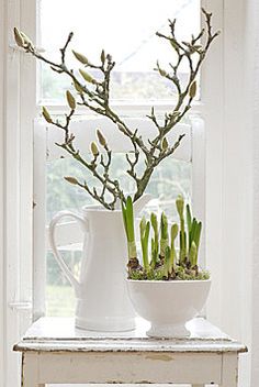 two white vases with plants in them sitting on a window sill near a window