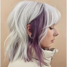 Gray And Vivid Hair, Muted Fashion Colors Hair, Hair Color Underneath With Bangs, Purple And Platinum Blonde Hair, Blonde Color Blocking Hair, Curtain Bangs Colored Hair, Edgy Purple Hair, Fire And Ice Hair, Colored Money Piece Hair Blonde