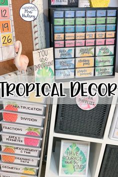 tropical themed classroom decor with text overlay