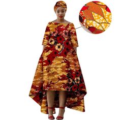 Elegant Dashiki Print High-Low Dress with Turban Summer Fitted Dress With Extra Large Hem, African High Low Dresses Ankara, High Low African Print Dress, Head Turning Outfits, Ankara Fabric, African Dresses For Women, African Inspired, Unique Dresses, Head Scarf