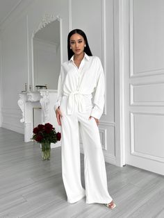 Chic Formal Sets With Wide-leg Pants, Chic Long Sleeve Pantsuit For Wedding, Elegant Long Sleeve Pant Set For Party, Chic Long Sleeve Pant Set For Wedding, Chic Formal Sets With Wide Leg, Chic Formal Wide Leg Sets, Elegant Long Sleeve Party Pant Set, Chic Long Sleeve Pant Set For Evening, Elegant Evening Sets With Wide-leg Pants