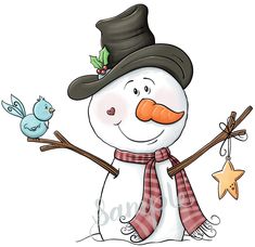 a snowman with a hat and scarf holding two birds