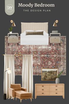 the mood board is designed to look like a bedroom with furniture and decor on it