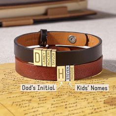 "This personalized leather bracelet makes the perfect gift for a special man in your life. Keep it simple with their names, initials or double sided engrave it with a short message. The bars are removable making it reversible as well. ITEM INFO * Materials: Genuine cowhide with sterling silver charms. * Finishing: Silver, Gold * Dimensions: Leather width measures approx. 3/8\" (11mm). Silver charm measures approx. 1/2\"x 1/4\"(13x6.5 mm) * Size: 3 ADJUSTABLE sizes with 3 holes on the strap. Size Customizable Name Bracelet For Father's Day, Personalized Gold Leather Bracelet For Gift, Personalized Gold Leather Bracelet As Gift, Custom Name Adjustable Jewelry, Personalized Gold Leather Bracelet Gift, Personalized Brown Leather Bracelet For Everyday, Leather Bracelets For Father's Day, Personalized Minimalist Name Bracelet For Father's Day, Father's Day Gift Gold Leather Bracelet