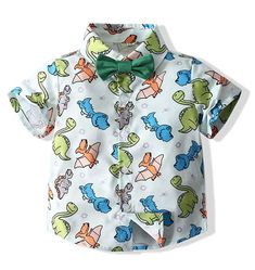 Little Boy's Short Sleeved Button Down Shirt with Bow Tie Dinosaur Print 12-24 M NEW 100% Cotton  Button closure  This comfortable Hawaiian Aloha Dinosaur print boys shirt can be worn at school, home or for any other occasion.  Suitable for: all seasons, holidays, and events.  Reminder: Please check the size chart in the photos above for detailed size information. Cotton Short Sleeve Shirt With Dinosaur Print, Casual Dinosaur Print Summer Shirt, Green Dinosaur Print Tops For Spring, Green Dinosaur Print Top For Spring, Green Cotton Dinosaur Print Tops, Casual Summer Shirt With Dinosaur Print, Green Cotton Tops With Dinosaur Print, Short Sleeve Dinosaur Print Tops For Spring, Dinosaur Print Short Sleeve Tops For Spring