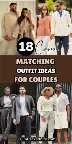 Image showcases 18 casual matching outfit ideas for couples. The text "18 Casual Matching Outfit Ideas for Couples" is bold and stylish. Outfits include neutral-toned matching sets, tailored gray suits paired with classic white tops, and cozy knit sweaters with complementary designs. The overall theme emphasizes coordinated, casual styles for couples, focusing on modern, versatile looks ideal for outings or special moments.