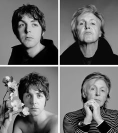 four black and white photos of people with flowers