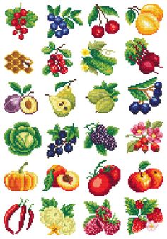 the cross stitch pattern shows different fruits and vegetables