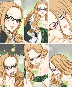 four different pictures of a woman with long blonde hair and glasses, wearing green clothing