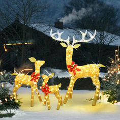 two lighted deer standing next to each other in the snow