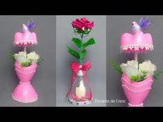 three different vases with flowers in them and one has a bird on the top