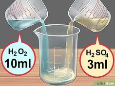 two measuring cups filled with liquid and labeled