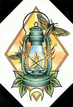 a drawing of a lantern with two moths on it and a diamond in the background