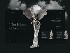 the history of sculpture website homepage is displayed in black and white, with an angel statue