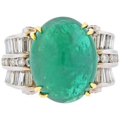 18k gold ring by Charles Krypell, with center approx. 20ct emerald cabochon (has chip under one prong) , measuring 17.1 x 13.4 x 9.8mm, surrounded with approx. 1.50ctw in diamonds. Ring size - 6.5, ring top is 17mm wide. Marked: Krypell 750. Weight - 15.8 grams. Emerald Cabochon, Diamond Gold Ring, Diamonds Ring, Expensive Jewelry, 18k Gold Ring, Diamond Gold, Gold Diamond Rings, Emerald Diamond, Gold Ring