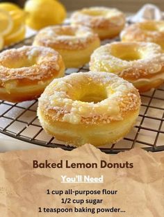 baked lemon donuts on a cooling rack with instructions to make them glazed