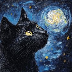 a painting of a black cat looking up at the night sky with stars in it