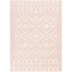 a pink and white rug with an intricate design on the bottom, in front of a white background