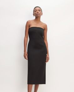 The Dream Strapless Dress Black – Everlane Water Recycling, Chic Black Dress, Silicone Tape, Black Strapless Dress, Double Knitting, Fitted Bodice, The Dream, Capsule Wardrobe, Strapless Dress