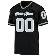 a black football jersey with white lettering on the chest and number 0 on the front