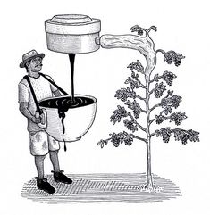 a man is pouring water into a bucket next to a small tree and a bush