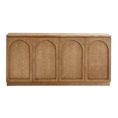 a large wooden cabinet with arched doors on the front and sides, against a white background