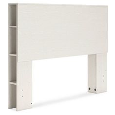 the headboard is made from white wood and has two shelves on each side for storage