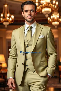 =>UNIQUE CREATION - PLEASE RESPECT COPYRIGHT<= All images and content on this site are exclusively crafted and owned by Paridhanin. Unauthorized copying, sharing, or reproduction is prohibited and will be subject to legal action. Golden 3pc 120s wool wedding suit for groom and bestman , for reception, Classic peak lapel  with a matching vest and tailored trousers. It has a white dress shirt underneath, paired with matching tie. The price includes Jacket, vest and pant only. Other accessories if Wool Wedding Suit, Wedding Suit For Groom, Suit For Groom, Yacht Party, Wedding Suits Groom, Tuxedo Suit, Wedding Suit, Jacket Vest, Peak Lapel