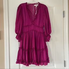 She + Sky Satin Tiered Ruffle Dress, Size S Nwt 3/4 Sleeve, Satin Tiered Ruffle Dress Size Small New With Tags! Purple V-neck Dress With Ruffle Hem, Purple Long Sleeve Dress With Ruffle Hem, Purple 3/4 Sleeve Spring Dress, Long Sleeve Purple Dress With Ruffle Hem, Purple Long Sleeve Mini Dress With Ruffles, Purple Tiered Mini Dress With Ruffles, Purple Ruffle Hem Mini Dress For Brunch, Purple Ruffle Hem Dress For Brunch, Purple V-neck Ruffled Mini Dress