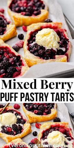 Puff pastry tarts with mixed berries and topped with ice cream. Pastry Sheet Desserts, Berry Puff Pastry, Puff Pastry Tarts, Puff Pastry Recipes Dessert, Pastries Recipes Dessert, Pepperidge Farm Puff Pastry, Crescent Recipes, Puff Pastry Desserts, Puff Pastry Tart