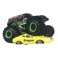 Grave Digger Monster Truck Personalized Ornament  It's everyones favorite monster truck, Grave Digger. In this action scene from a monster jam, the Grave Digger is on the course doing what he does best. The amazing detail in the artwork on the truck is in full view with the massive tires crushing the car underneath its threads. There's room to personalize the name of your loved one right on the yellow of Grave Diggers latest victim  $14.99  https://www.myornament.com/shop/monster- Christmas Tree 2022, Grave Digger Monster Truck, Monster Jam Trucks, Action Scene, Ornaments For Kids, Ornaments For Christmas Tree, Grave Digger, Ornaments For Christmas, Fun Ornaments