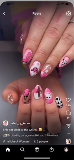 Pink Aztec Nails, Space Cowgirl Nail Ideas, Fun Nashville Nails, Luke Bryan Nails, Cowgirl Bachelorette Nails, Hot Pink Country Nails, Bachelorette Nail Ideas Pink, Dolly Parton Nails Art, Dolly Parton Inspired Nails