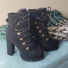 Brand New. Wild Diva Vivian Black Faux Suede Lace Up Platform Heeled Ankle Boots. Gold Embellishments With Cushion Ankle Band In Back. Size 6.5 Heel 4.74" Platform 1.5" Deep Lug Rubber Thread Man Made Upper And Lowers No Side Zipper On These, Lace Up Only For Comfort. No Box. Boots Are In Perfect Condition And Will Be Shipped Individually Wrapped For Protection. All Items Are Video Taped Prior To Shipping For Your Protection And Mine. Winter High Ankle Faux Leather Heels, Winter Heels With Reinforced Block Heel, Winter Combat Boots With Reinforced Heel And Block Heel, Winter Combat Boots With Reinforced Block Heel, Winter Suede Heels With Reinforced Heel, High Heel Combat Boots With Reinforced Heel, Winter Faux Leather Ankle Boot Heels, Black High Heel Winter Lace-up Boots, Winter Suede Heels With Stacked Heel