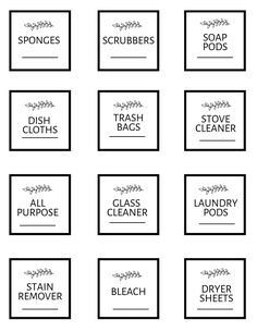 twelve labels for soaps, scrubbers and other cleaning products in black and white