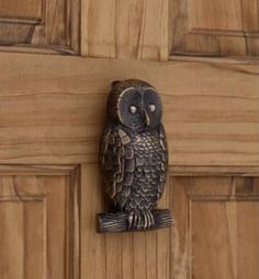 an owl figurine sitting on top of a wooden door