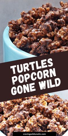 there is a bowl full of food with the words turtles popcorn gone wild