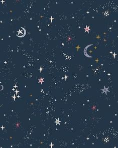 stars and crescents are in the sky on a dark blue background with white dots