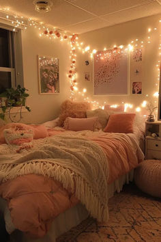 a bedroom with lights strung over the bed