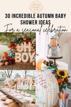 an autumn baby shower with pumpkins, flowers and other decorations on the table is featured in this collage