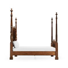 a wooden bed with four posts and pillows on the bottom, in front of a white background